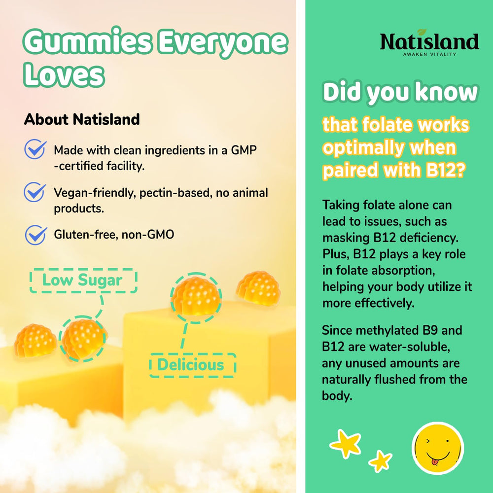 NATISLAND packaging highlights methylfolate and B12 ingredients.