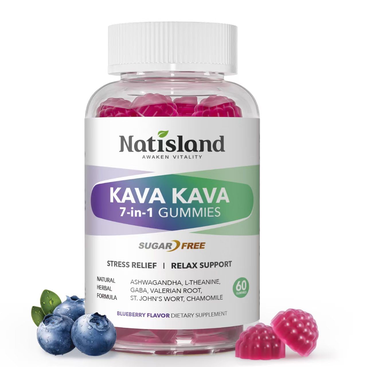 Natisland chewable kava gummies bottle front for on the go stress relief