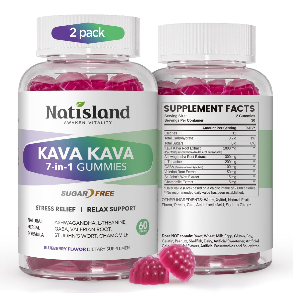 Natisland chewable kava gummies bottle front for convenient stress relief on the go.