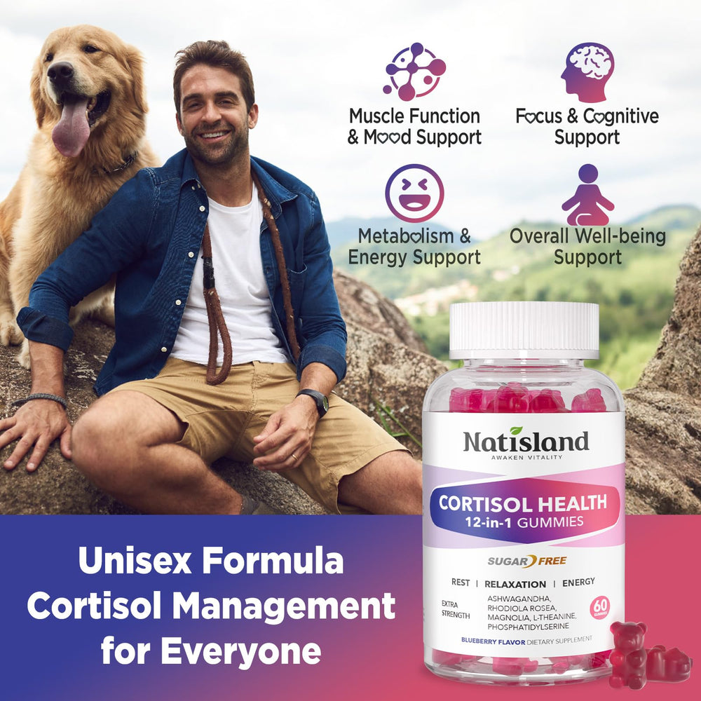 NATISLAND cortisol bottle label shows gluten-free and dairy-free claims.