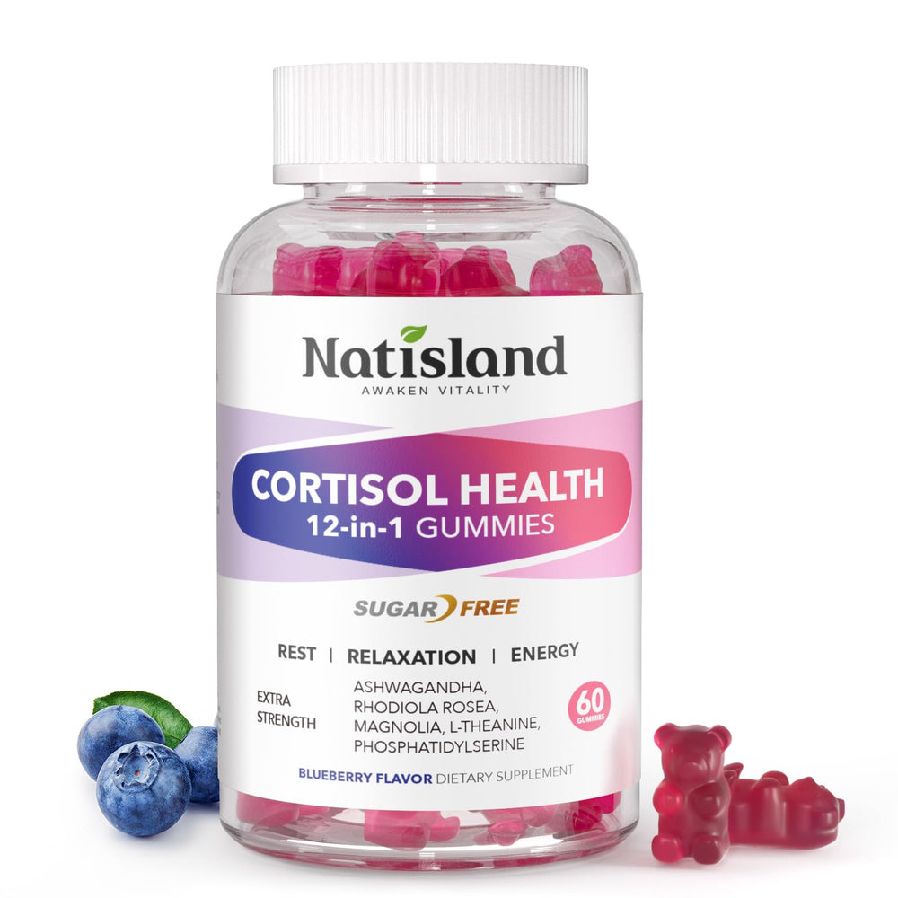 NATISLAND Cortisol Supplement bottle beside a glass for daily stress balance and steady energy.
