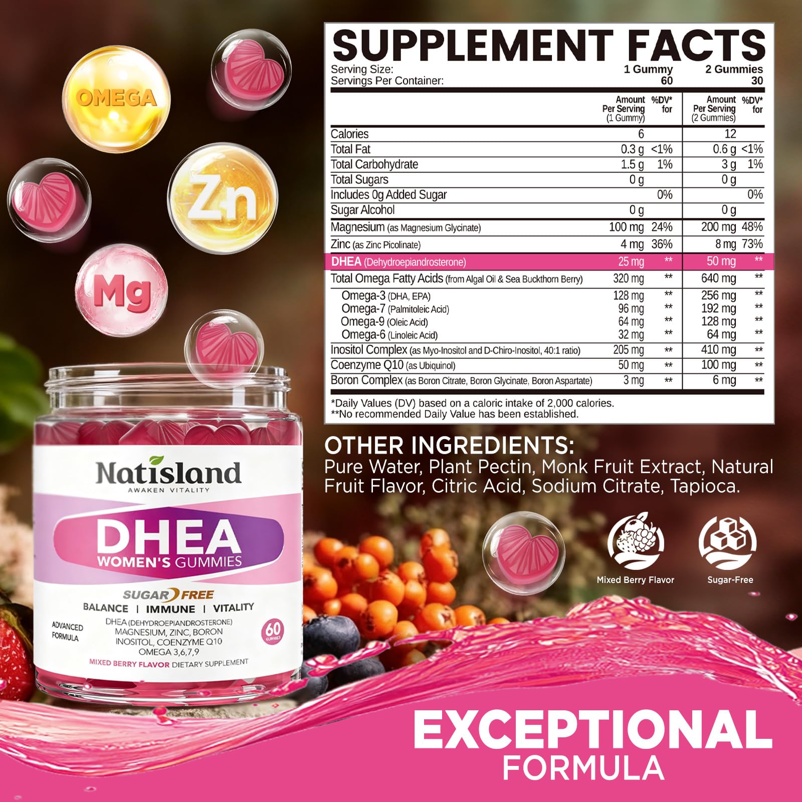 Natisland DHEA bottle label shows dosage and ingredients.