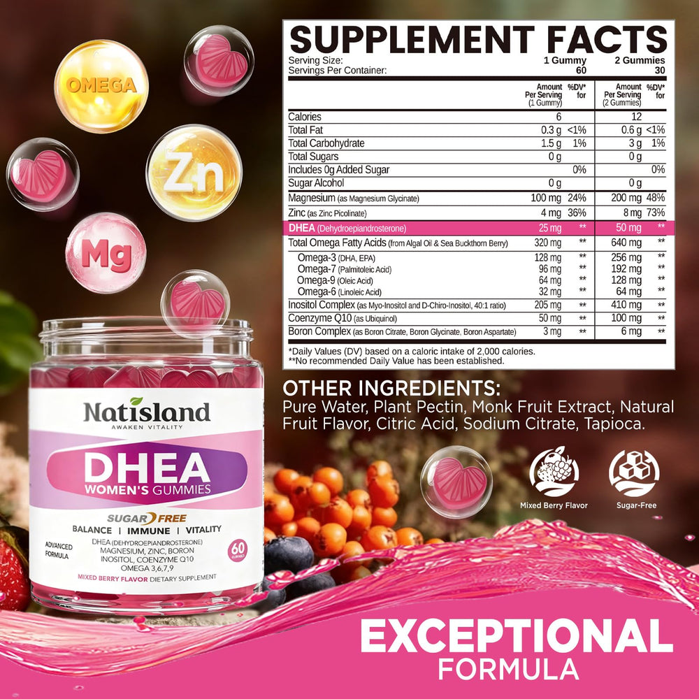 Natisland DHEA bottle label shows dosage and ingredients.