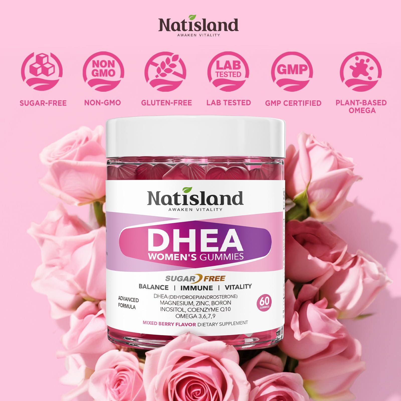 Natisland DHEA lab testing seal indicating quality assurance.