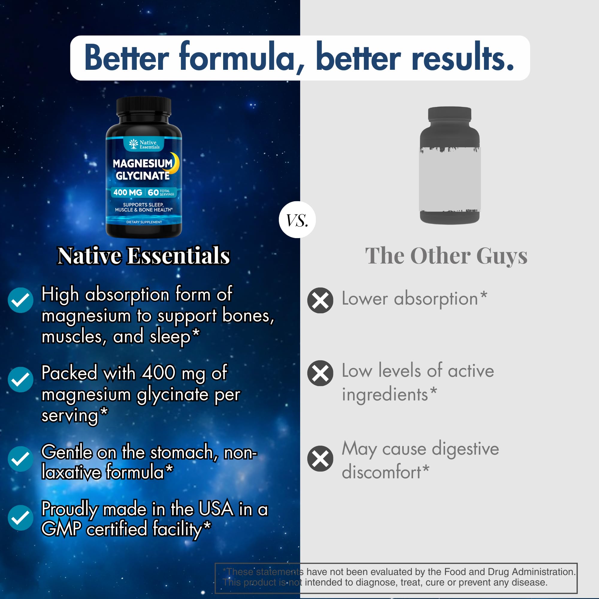 Native Essentials Magnesium Glycinate bottle pouring: easy on the go magnesium.