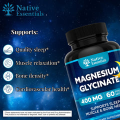 Native Essentials Magnesium Glycinate capsules close-up: gentle on the stomach for daily use.