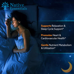 Native Essentials Magnesium Glycinate capsules closeup highlighting chelated formula.