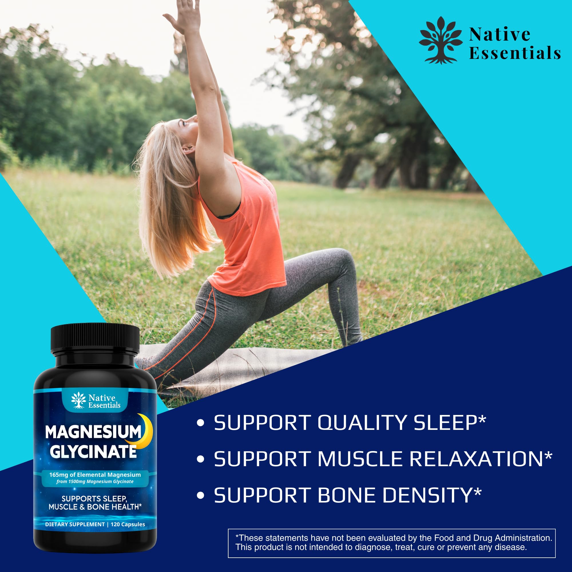 Native Essentials Magnesium Glycinate daily-use routine on nightstand.