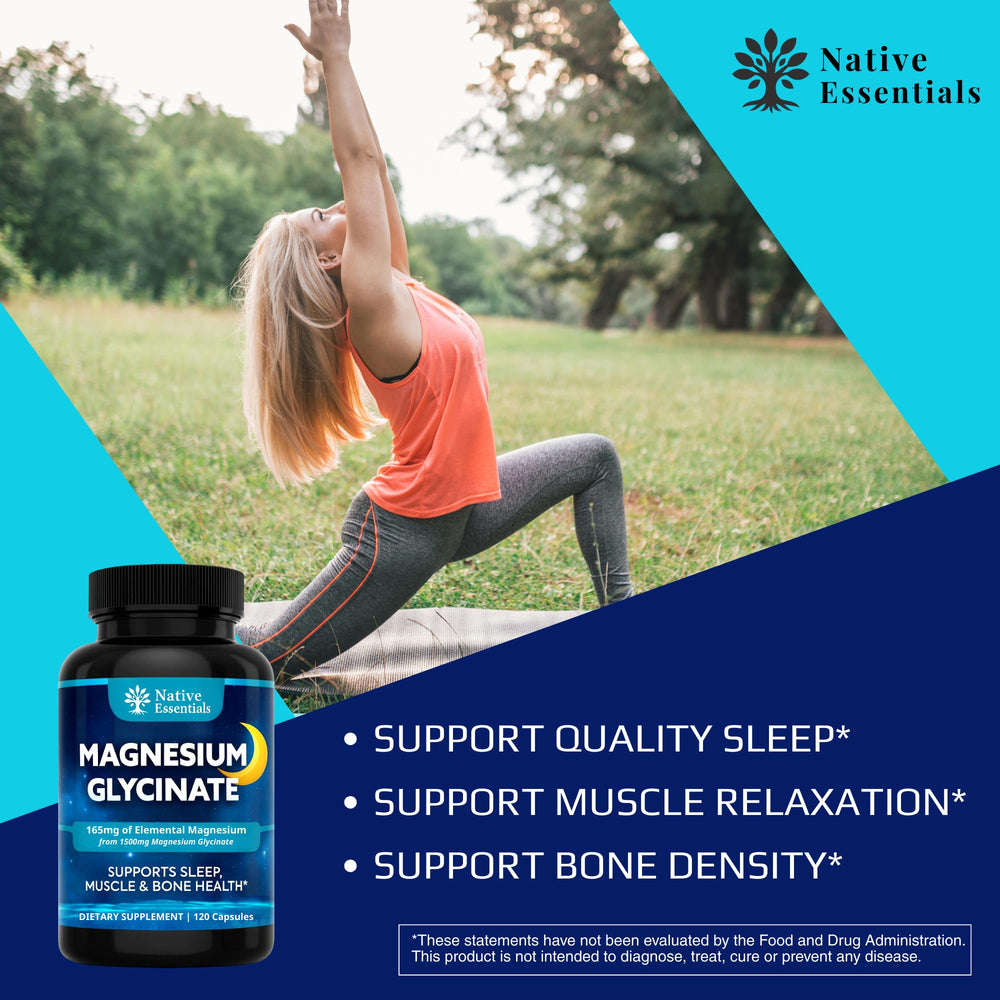 Native Essentials Magnesium Glycinate daily-use routine on nightstand.