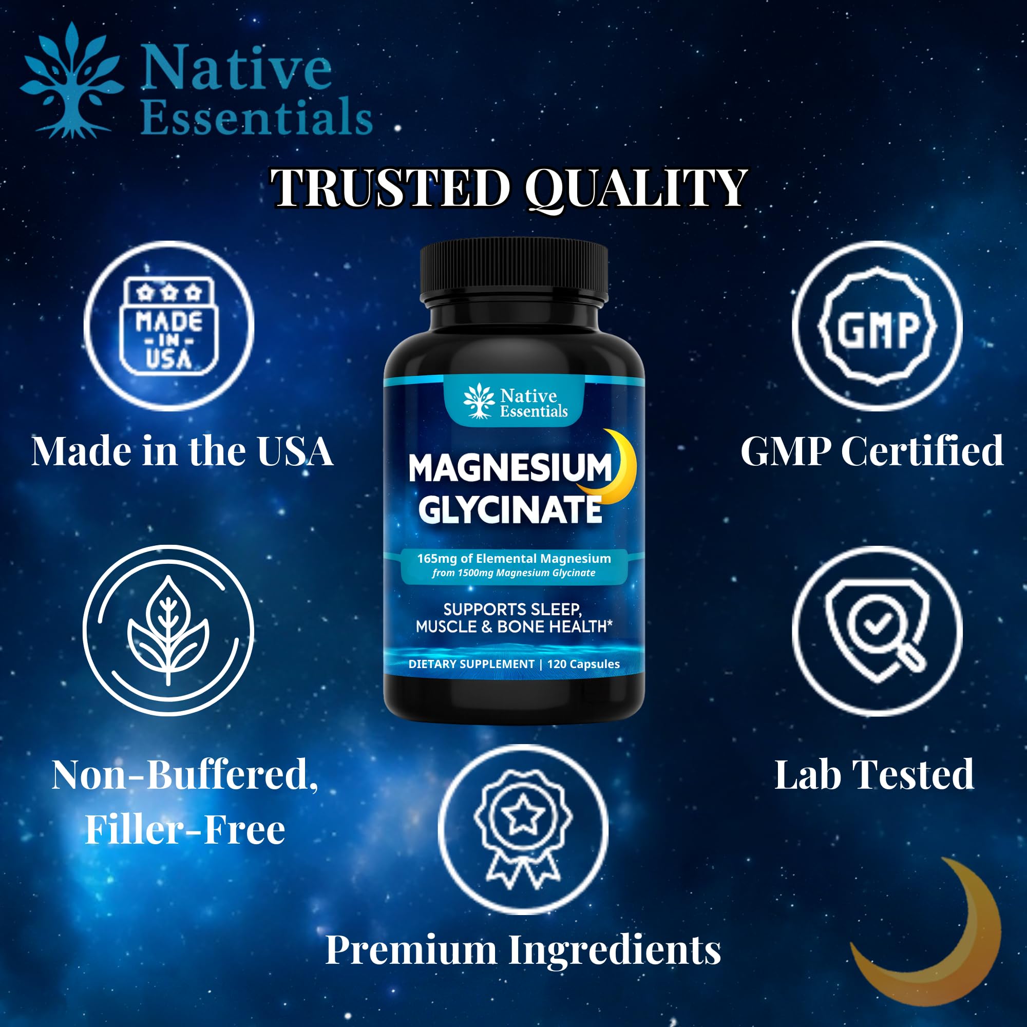 Native Essentials Magnesium Glycinate gentle-on-stomach symbol with calm digestion.