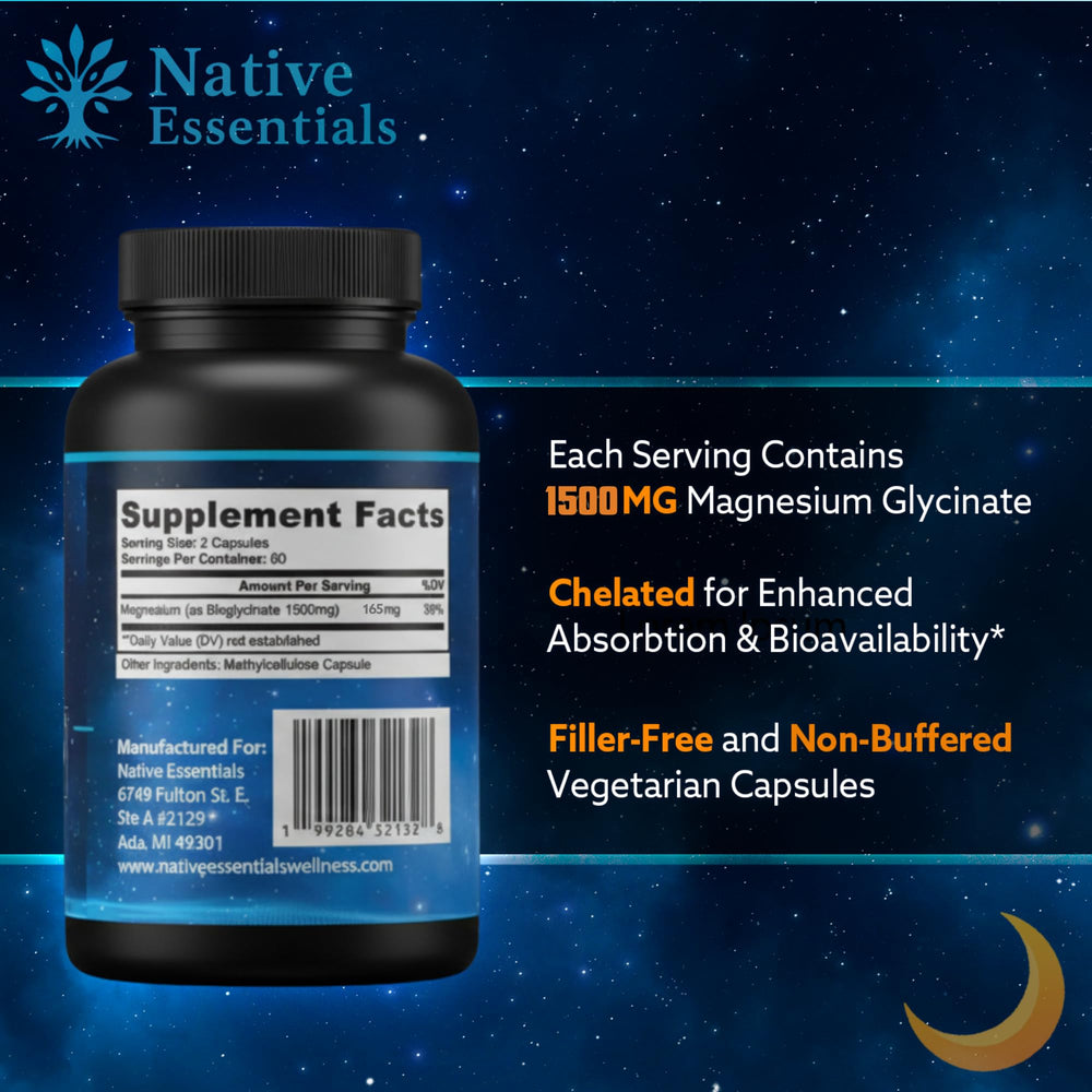 Native Essentials Magnesium Glycinate label detail emphasizing 165 mg elemental magnesium.