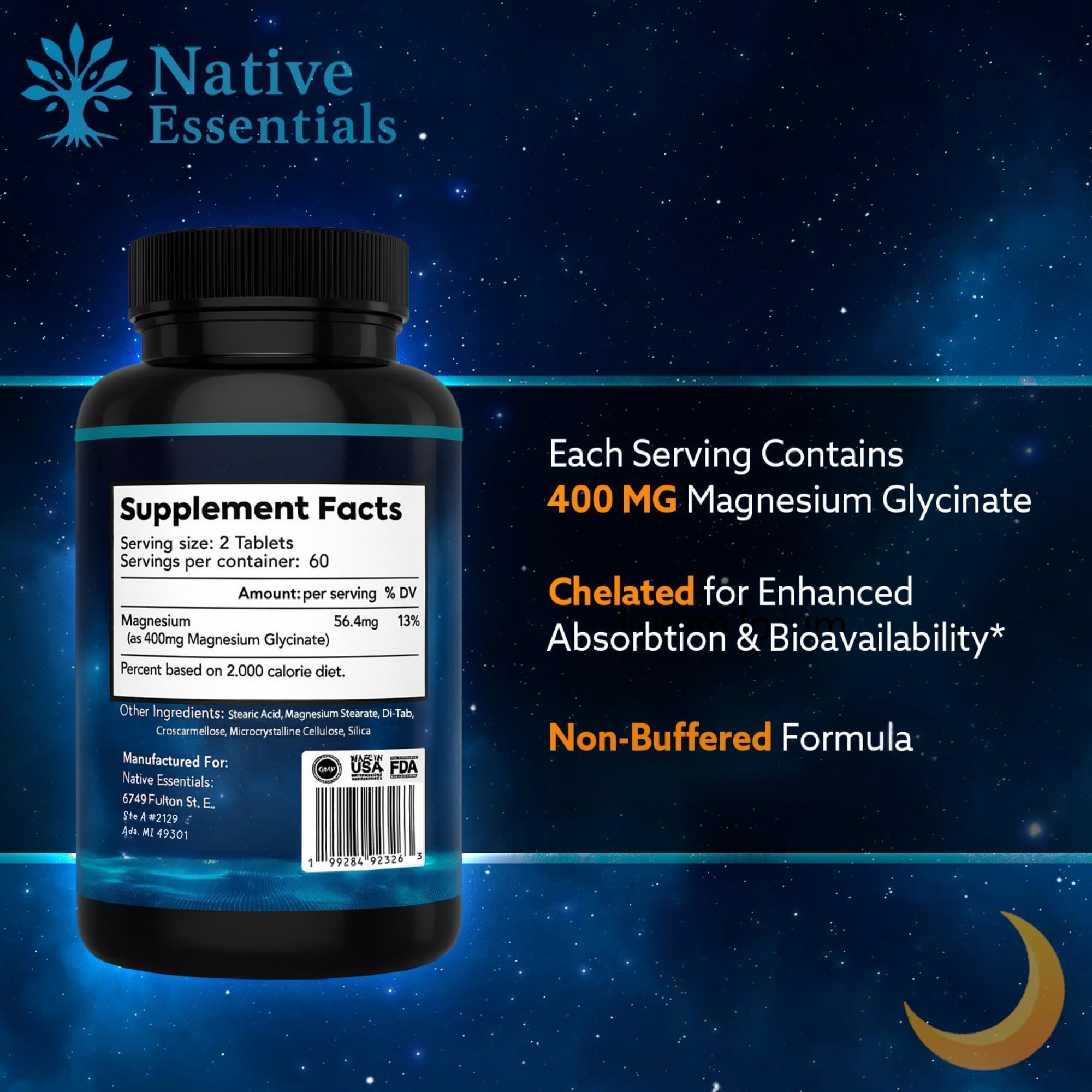 Native Essentials Magnesium Glycinate capsules close-up: supports restful sleep and calmer nerves.