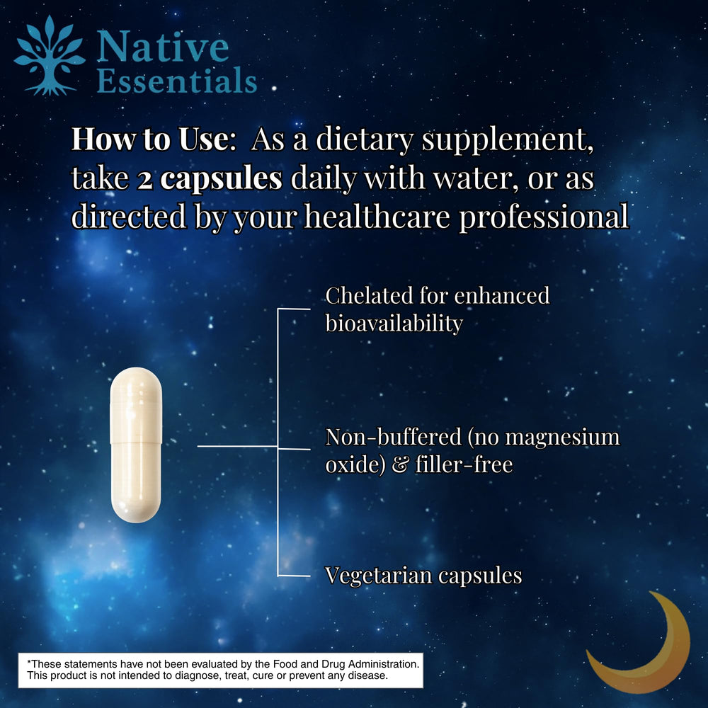 Native Essentials Magnesium Glycinate night-relax scene promoting calm evenings.