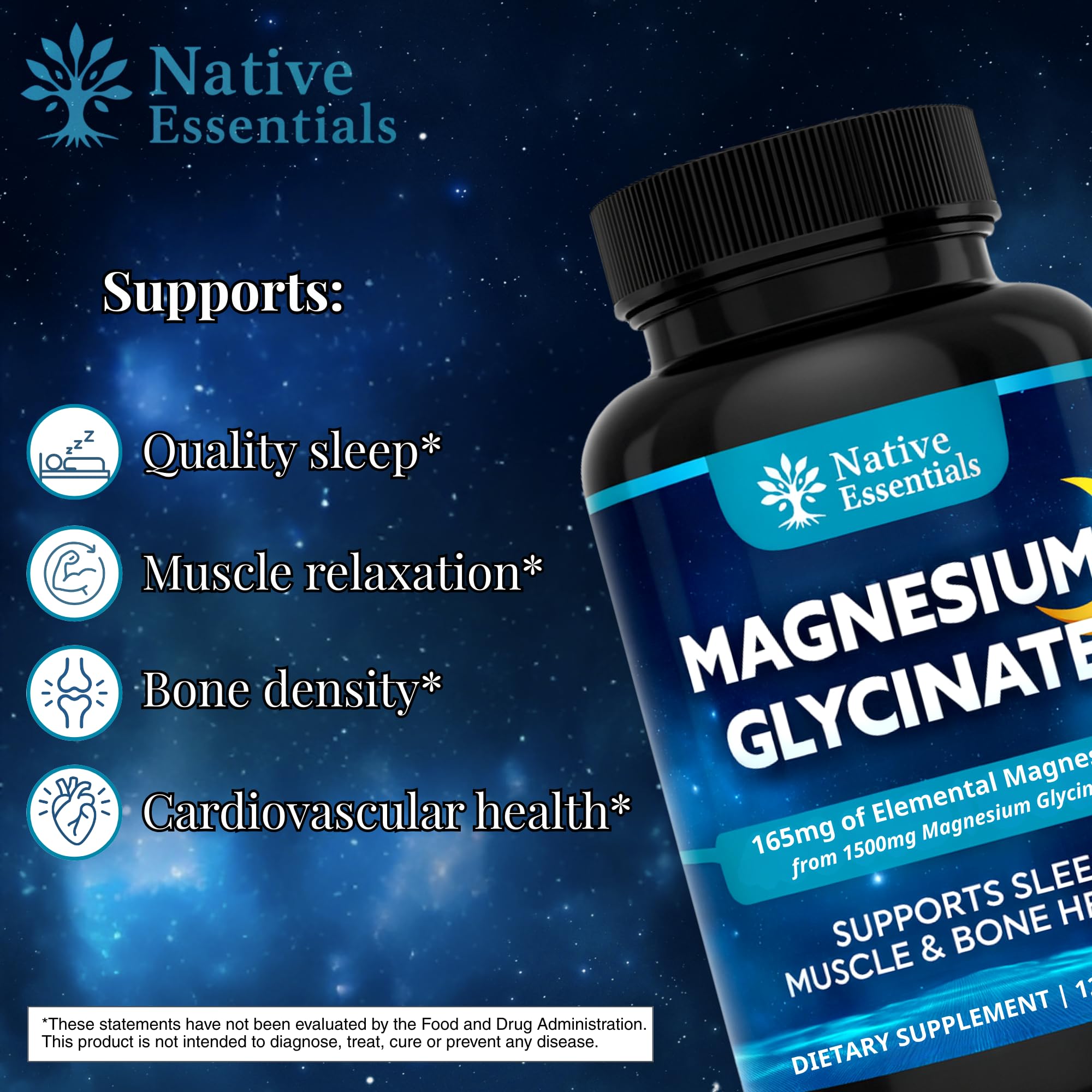Native Essentials Magnesium Glycinate USA facility badge implying quality manufacturing.