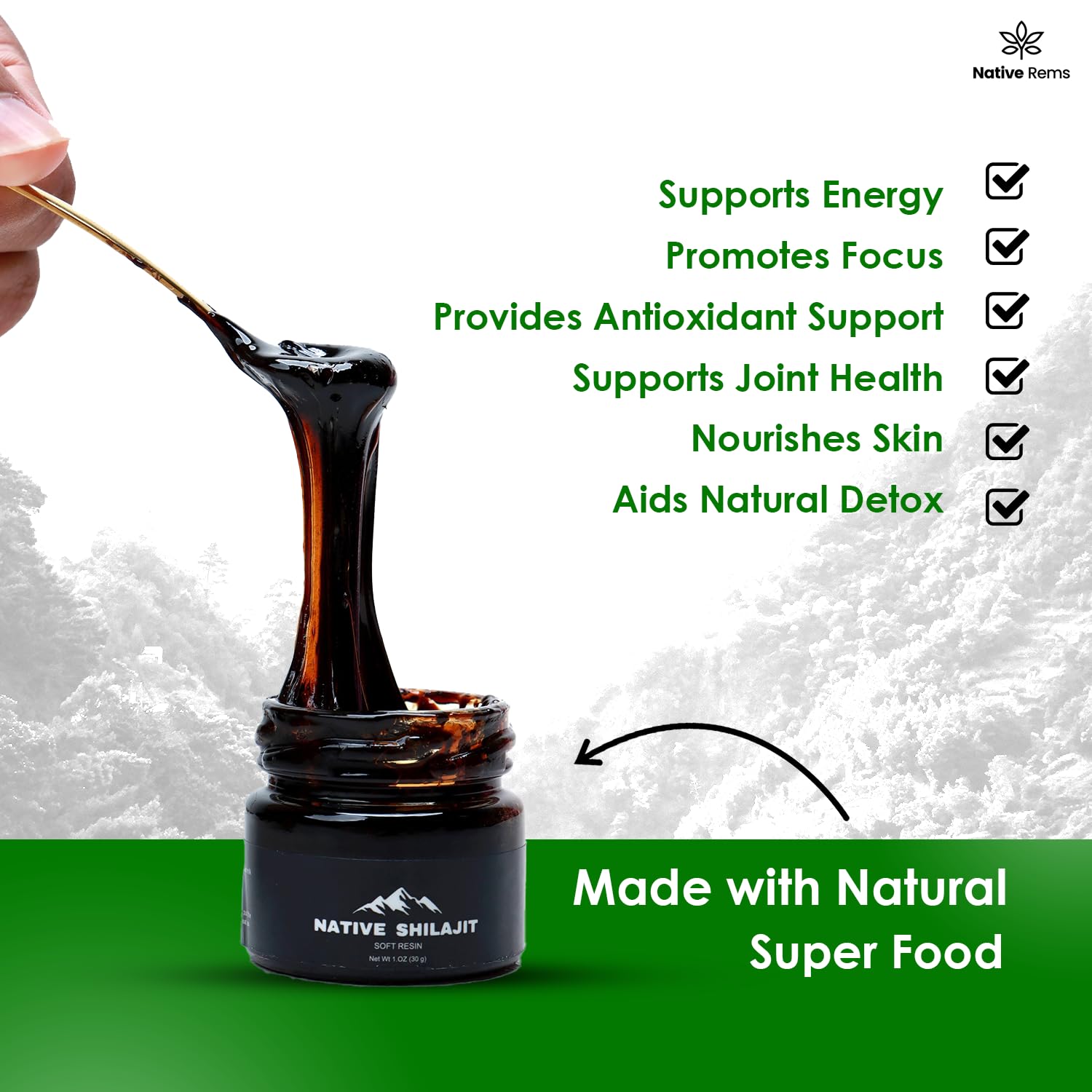 Native Rems lab-tested badge highlights purity and quality of Shilajit resin.