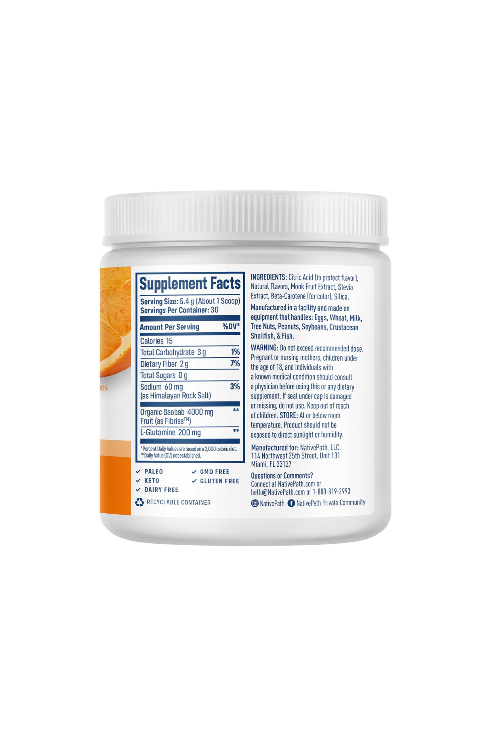 NativePath Baobab Powder orange glass—refreshing citrus flavor when mixed.