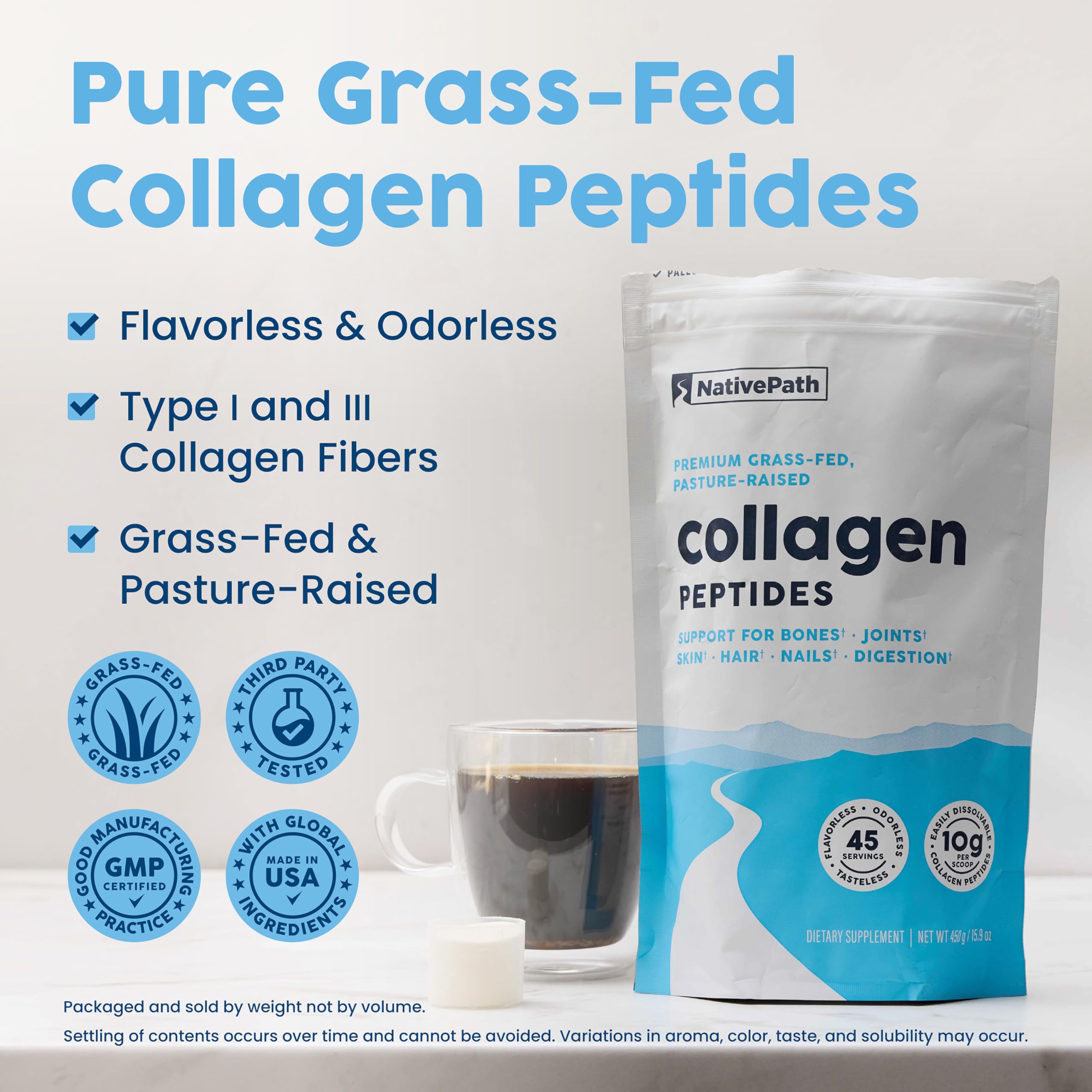 NativePath Collagen Peptides label close-up noting hydrolyzed Type 1 and Type 3 collagen.