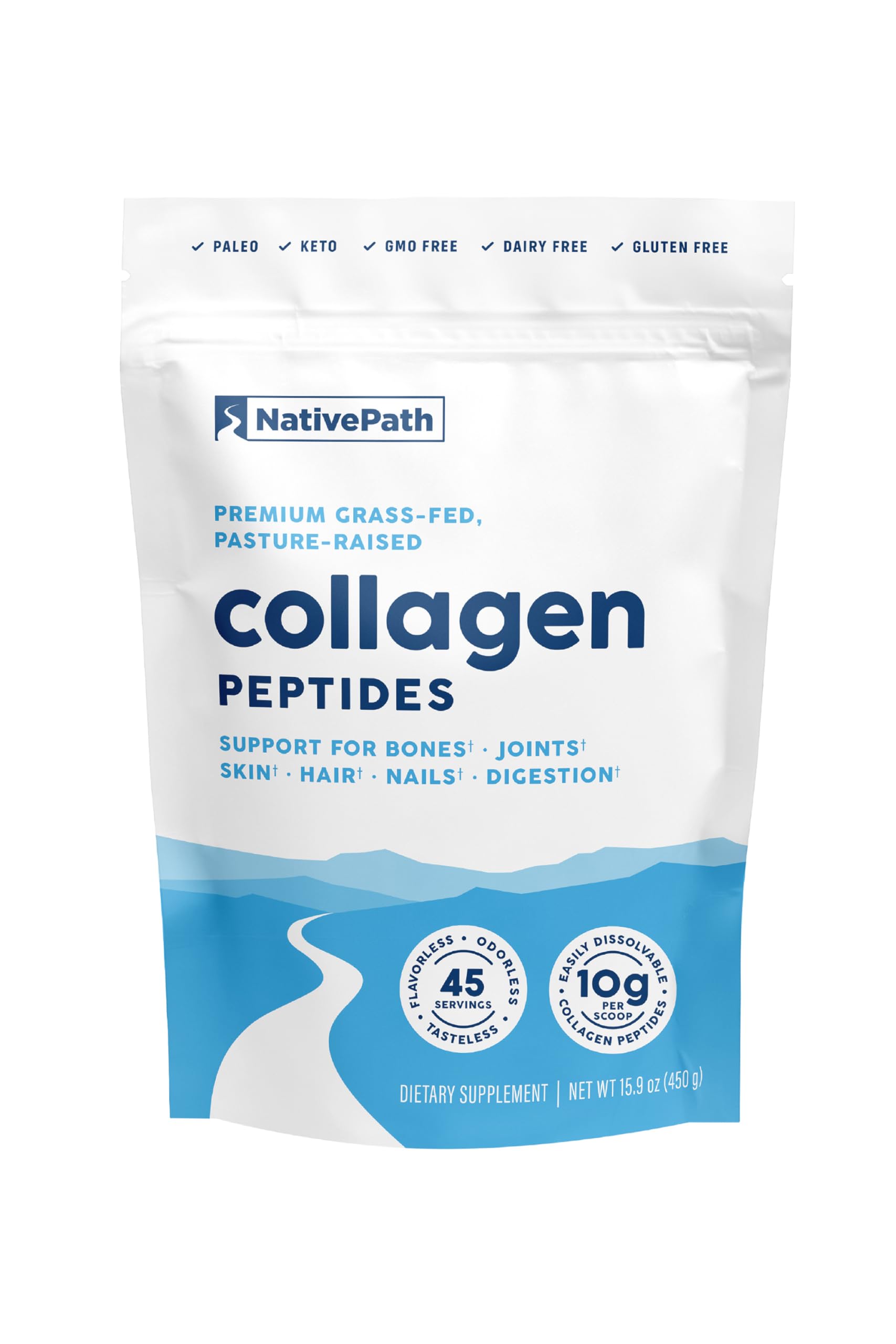 NativePath Collagen Peptides powder tub front view highlighting premium, grass-fed formula.