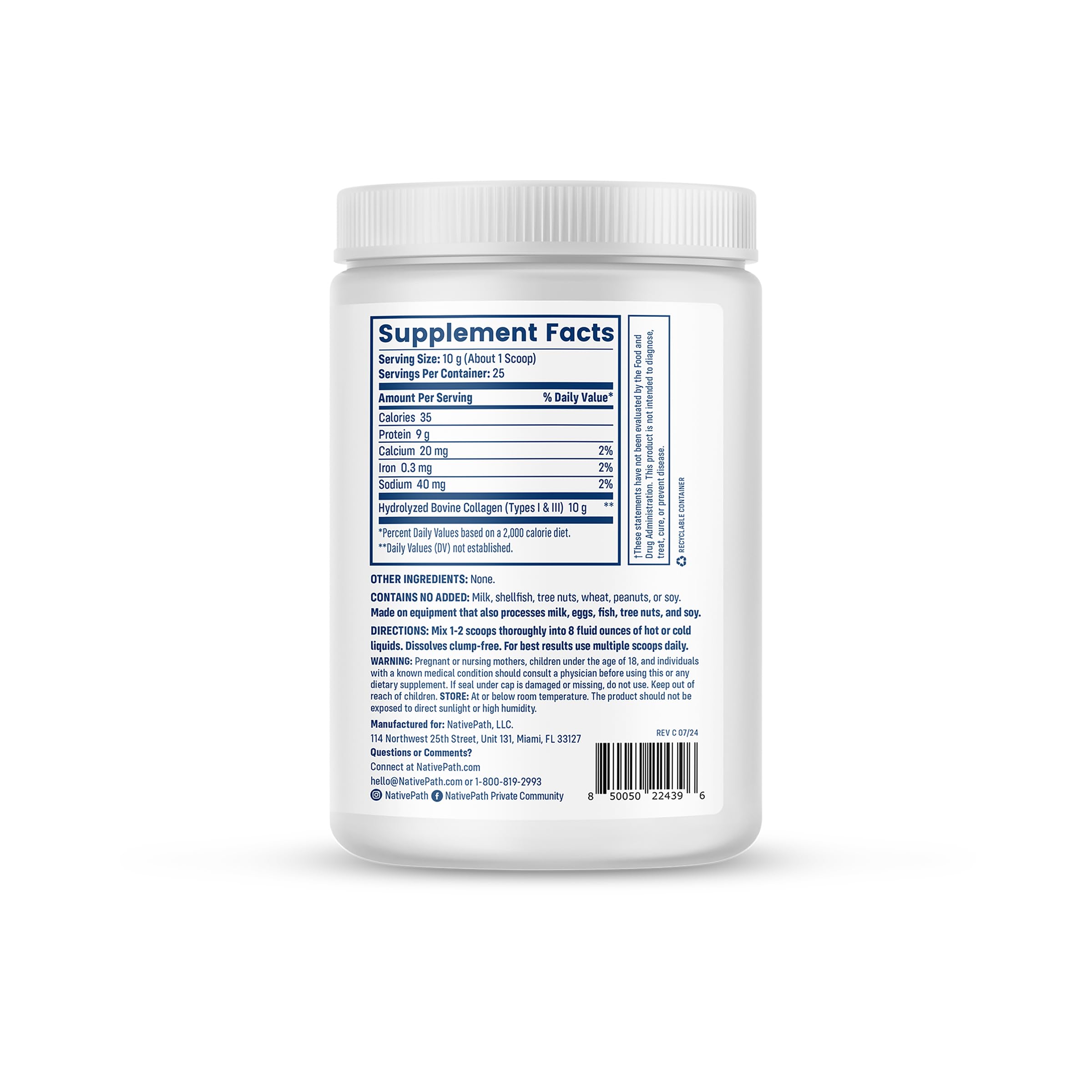A scoop of NativePath Collagen Peptides beside a glass of water for easy mixing