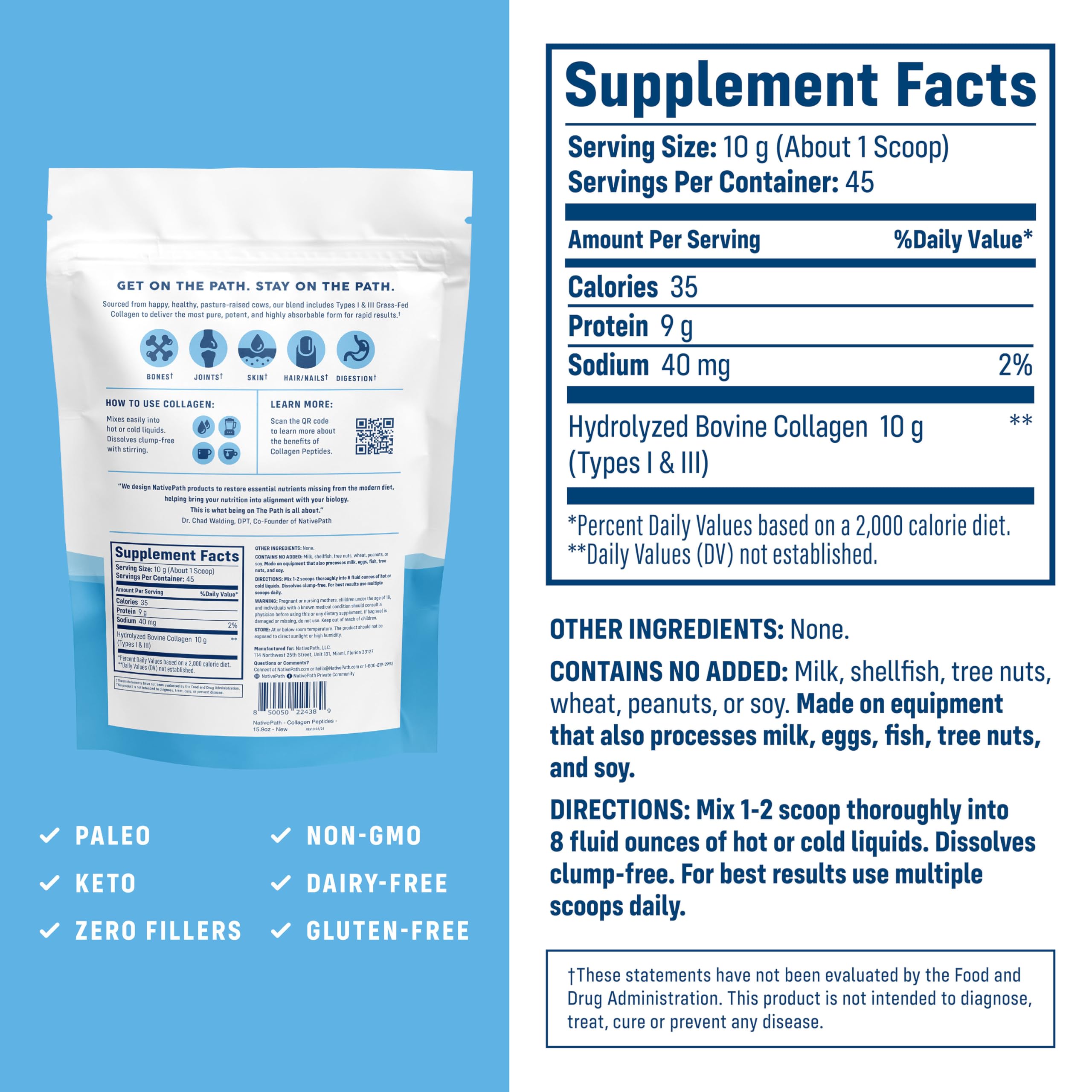 NativePath Collagen Peptides scoop showing a 10 g serving for protein support.