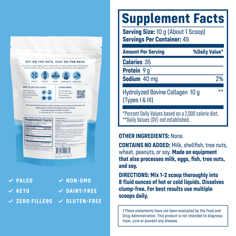NativePath Collagen Peptides scoop showing a 10 g serving for protein support.