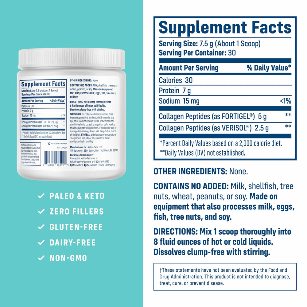 NativePath Joint Health Advanced Formula powder tub shown for convenient daily collagen intake supporting flexibility.