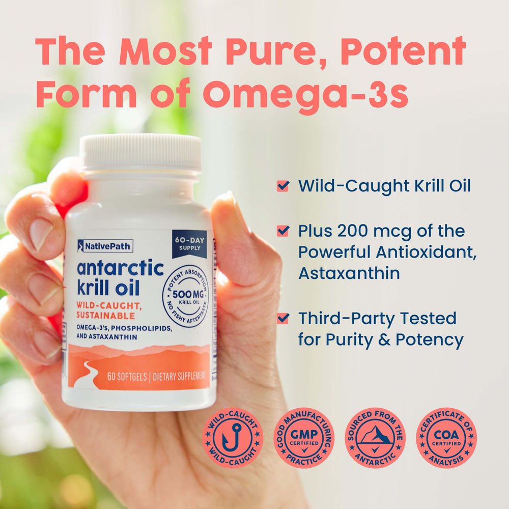 NativePath Antarctic Krill Oil bottle label highlights wild-caught omega-3 source