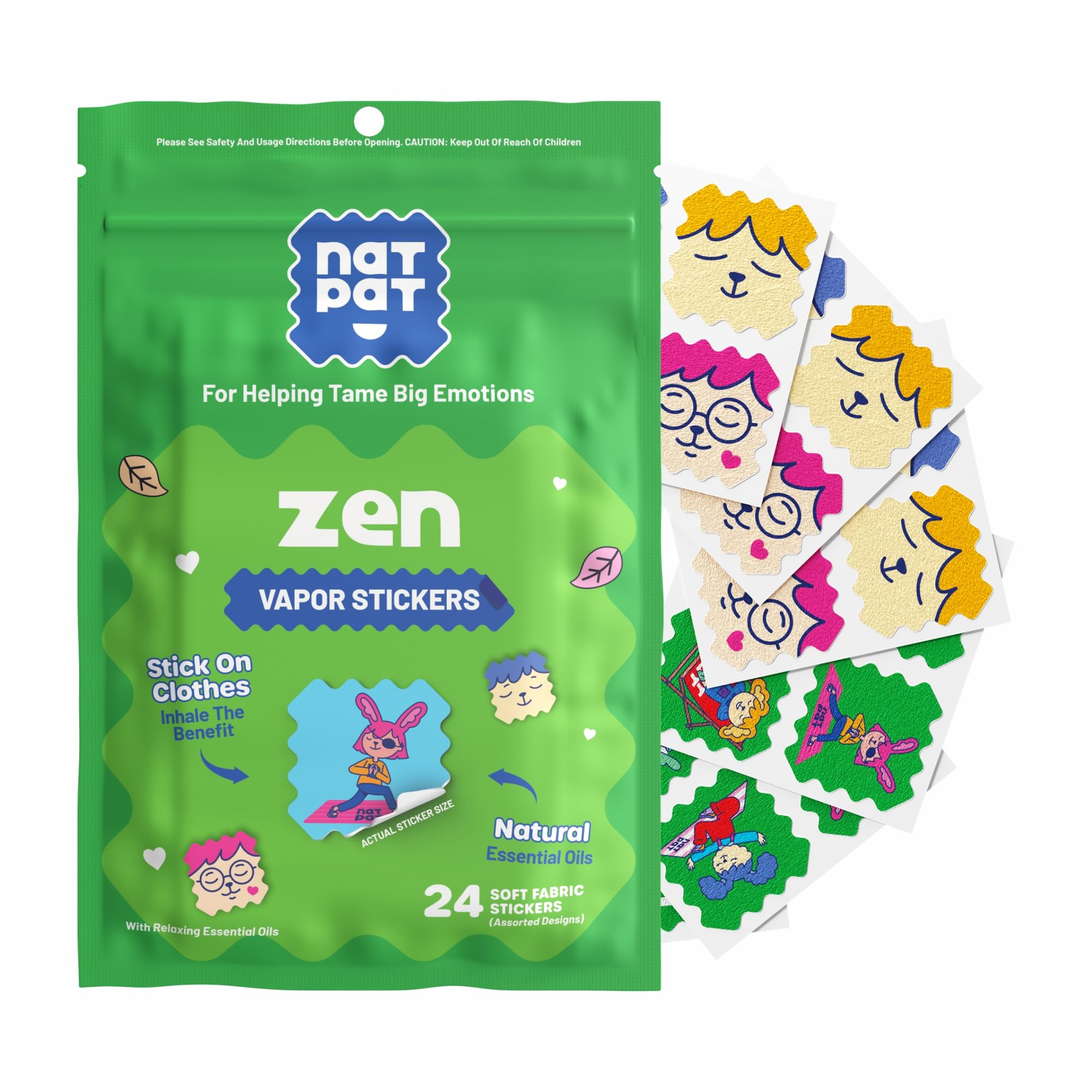 NATPAT Zen Patch sticker on clothes promotes calm mood during daily activities.