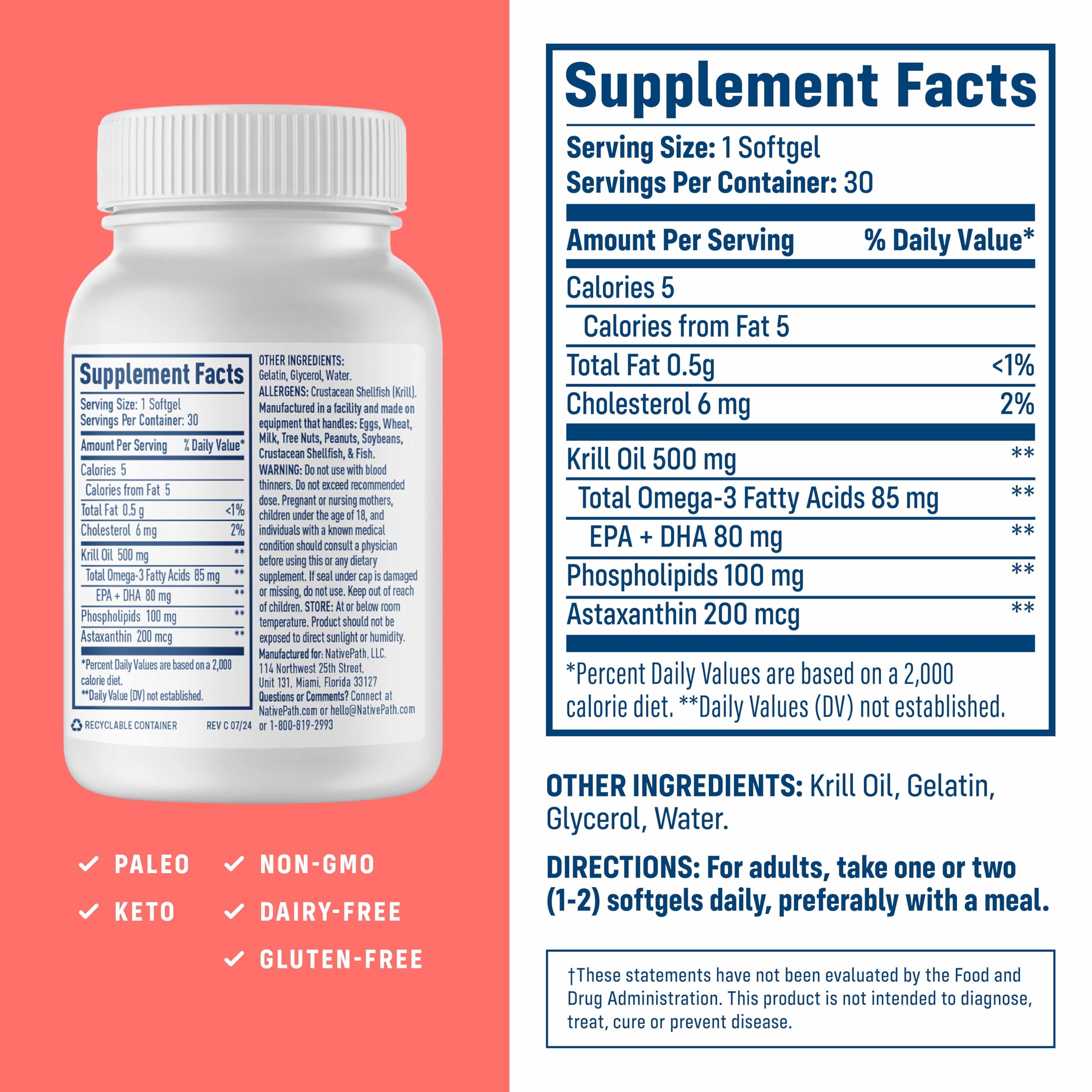 NativePath Antarctic krill oil bottle with label signaling pure wild-caught omega-3 source.