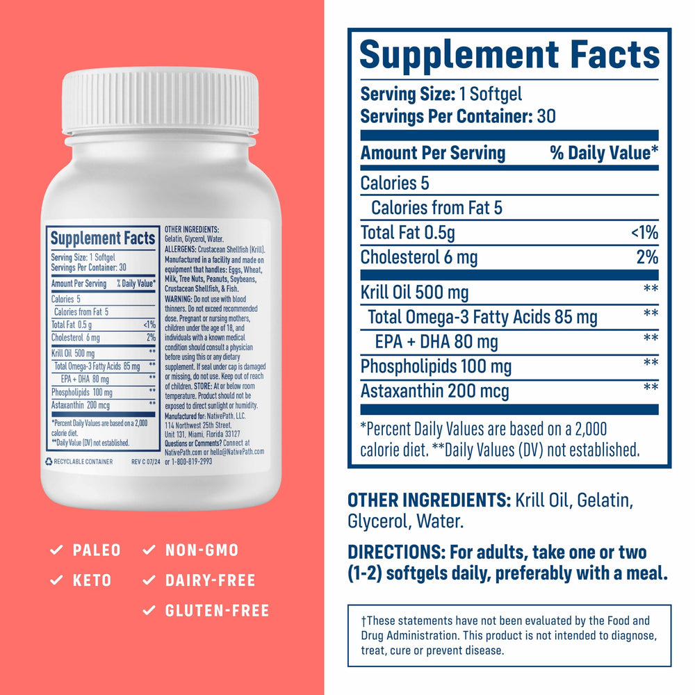 NativePath Antarctic krill oil bottle with label signaling pure wild-caught omega-3 source.