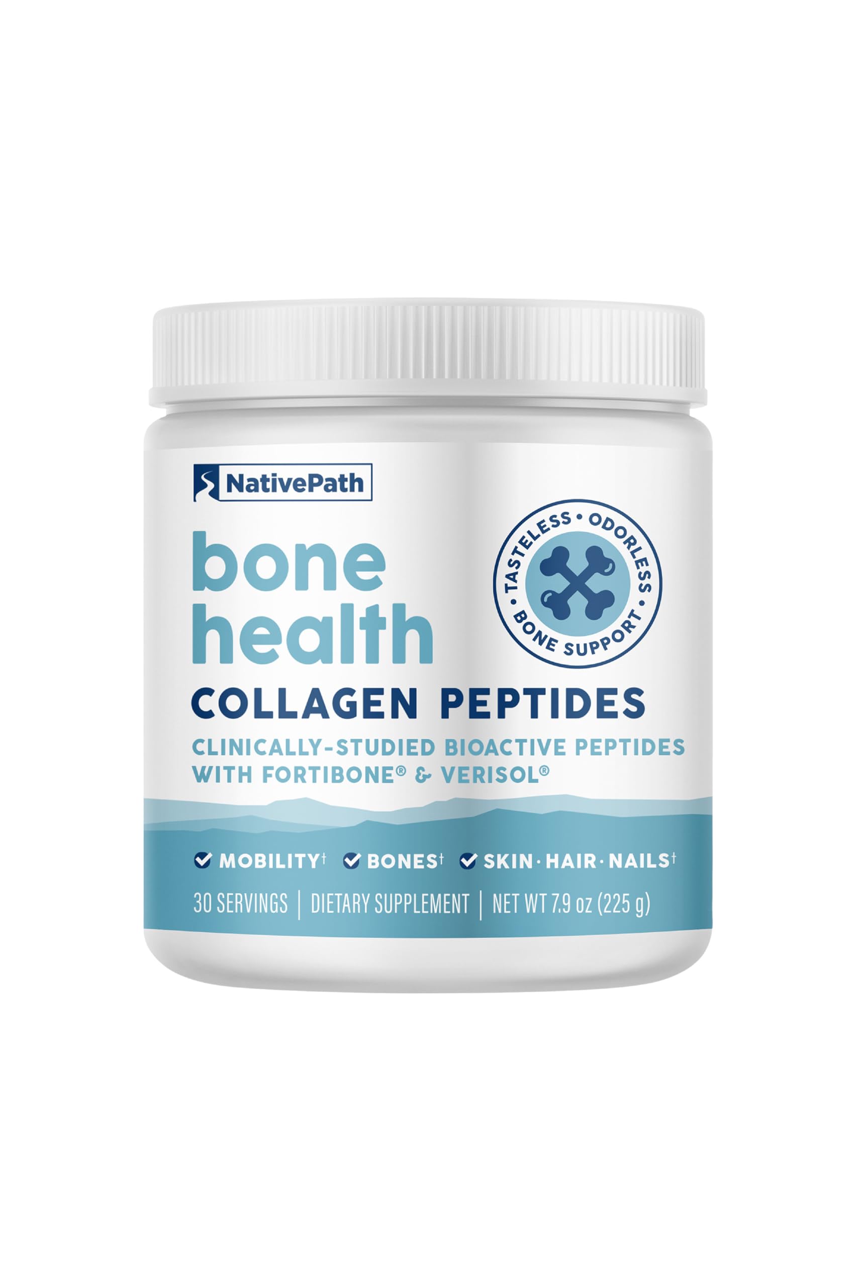NativePath Bone Health collagen powder tub, easy-to-mix daily use