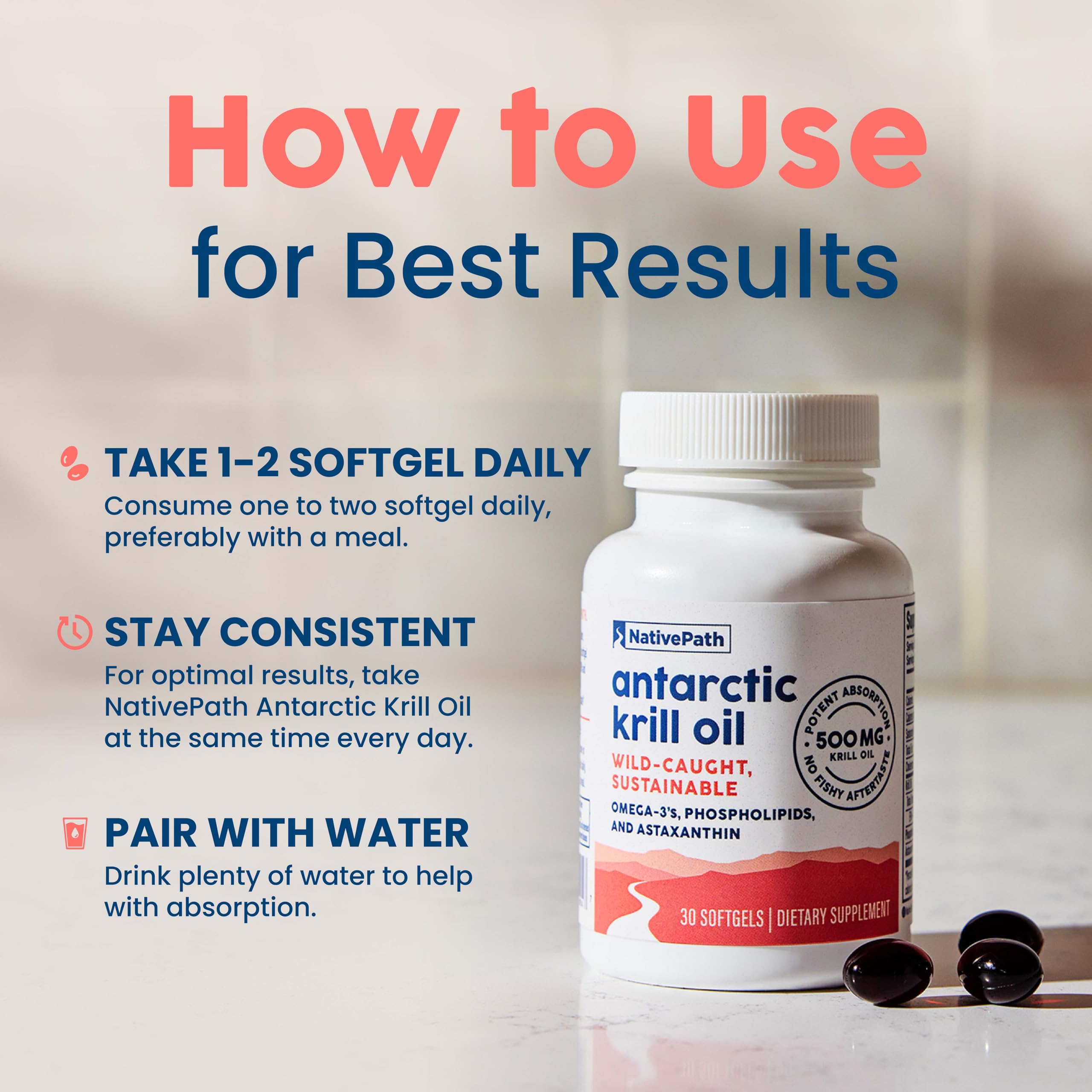 NativePath krill oil softgel beside meal imagery, suggesting daily routine use.