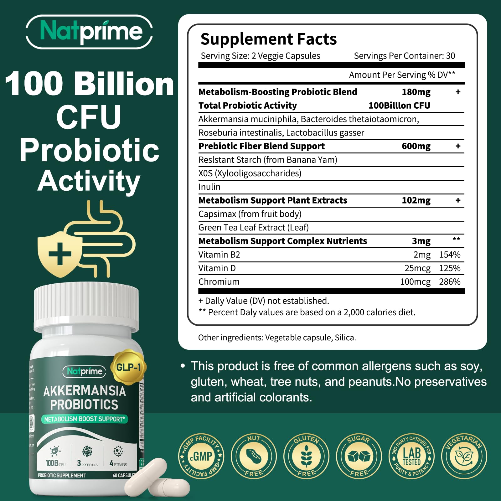 Natprime Akkermansia capsules close-up showing high-potency formula.