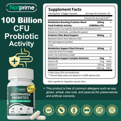 Natprime Akkermansia capsules close-up showing high-potency formula.