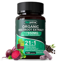 Natprime Beet Root Capsules bottle showcases 21:1 concentrate for natural energy support.