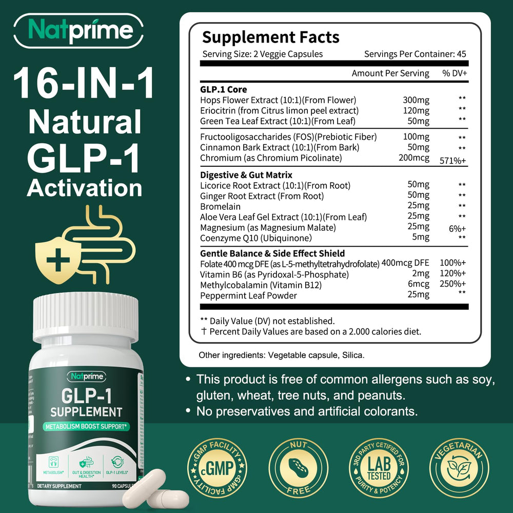 Natprime GLP-1 supplement bottle back with ingredients and daily usage guidance