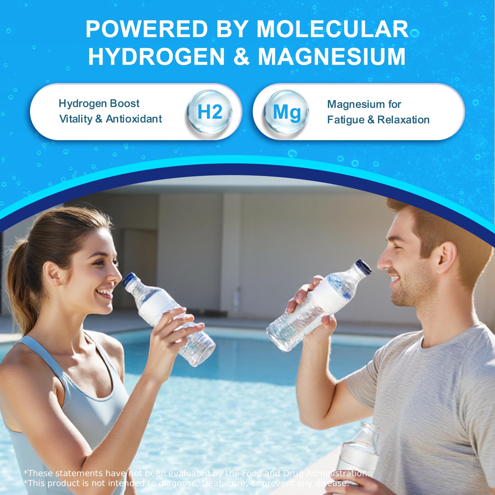 Natprime hydrogen water tablet dissolving in water with a light fizz for refreshment.