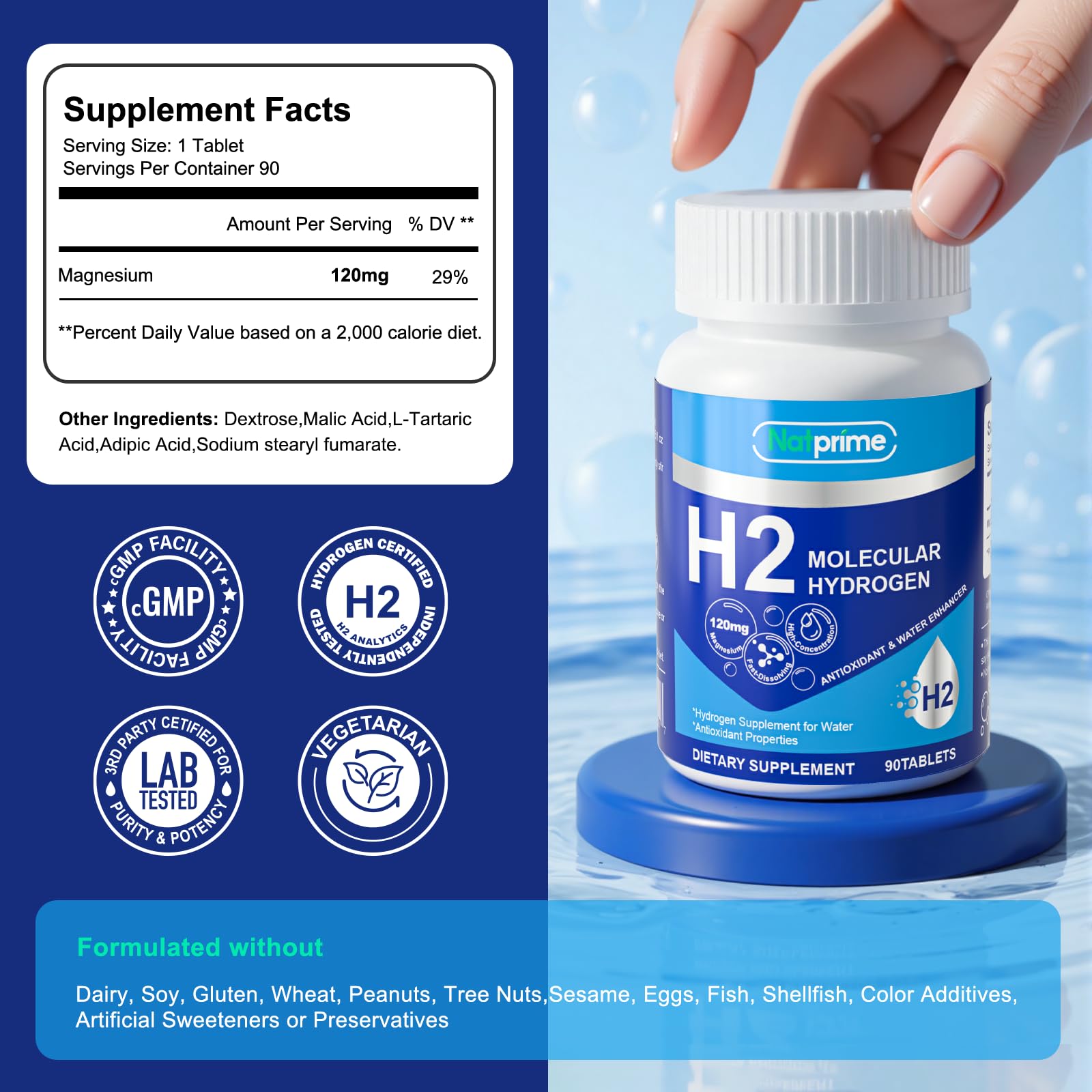 Close-up of Natprime hydrogen water tablet before dissolving for fast hydrogen release.