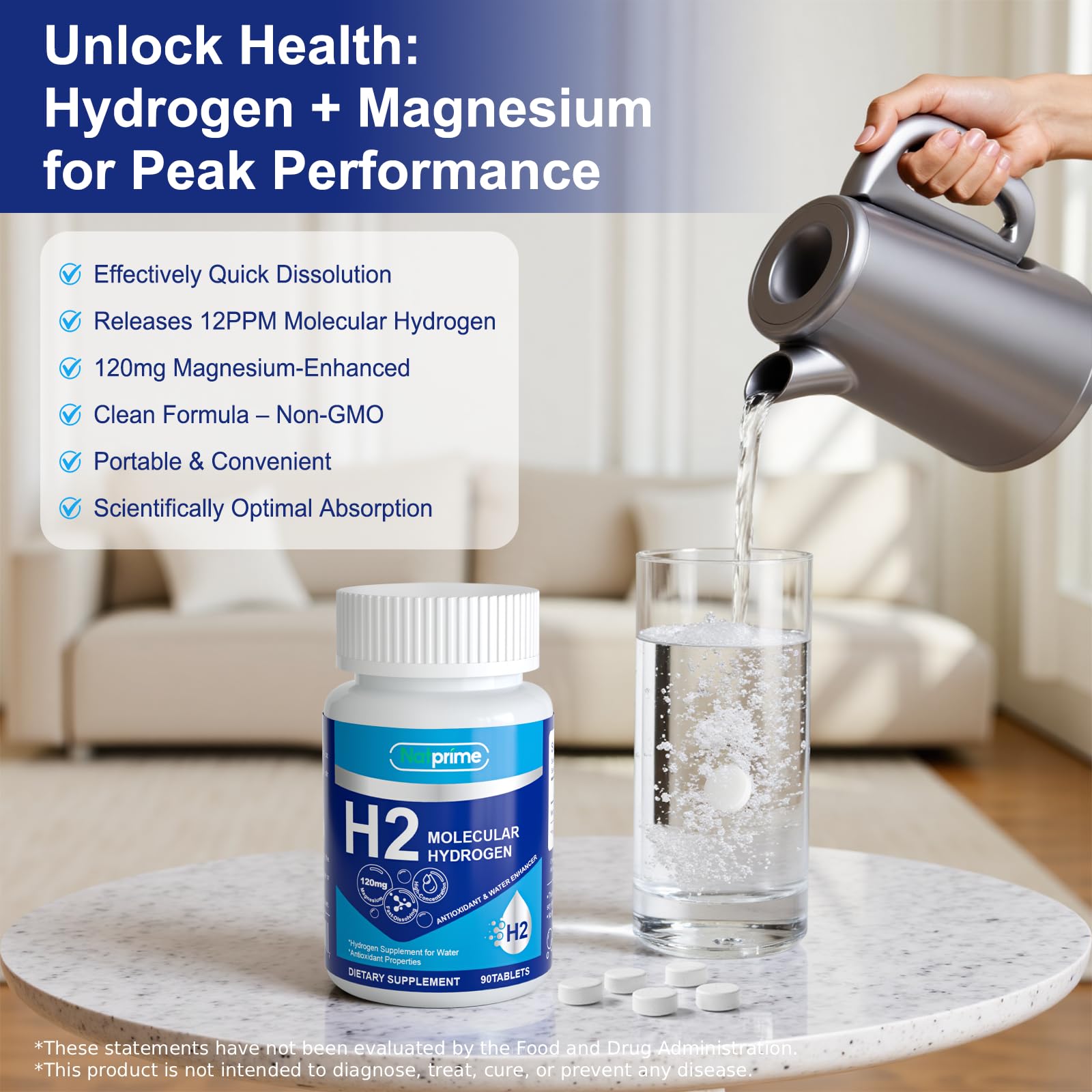 Natprime travel-friendly bottle of hydrogen tabs ready for travel.