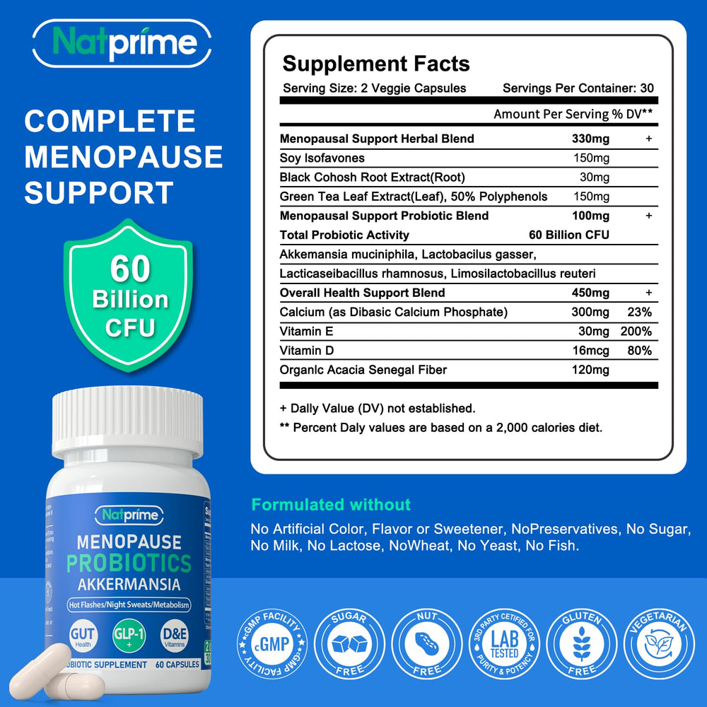 Natprime menopause capsules closeup shows easy daily capsules for relief.