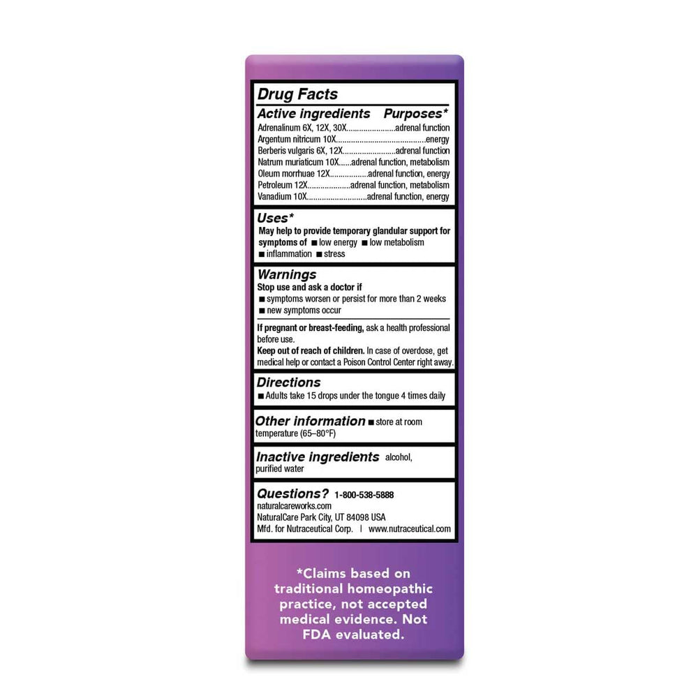 Natra-Bio NaturalCare Adrenal Support bottle on a neutral surface.