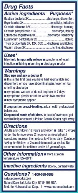 Natra-Bio NaturalCare Candida Yeast Care application tip card demonstrates dosing.