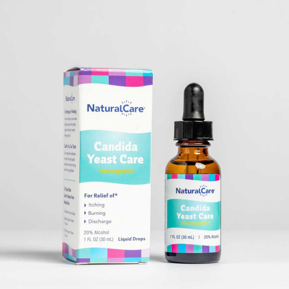 Natra-Bio NaturalCare Candida Yeast Care morning routine setup on bathroom shelf.