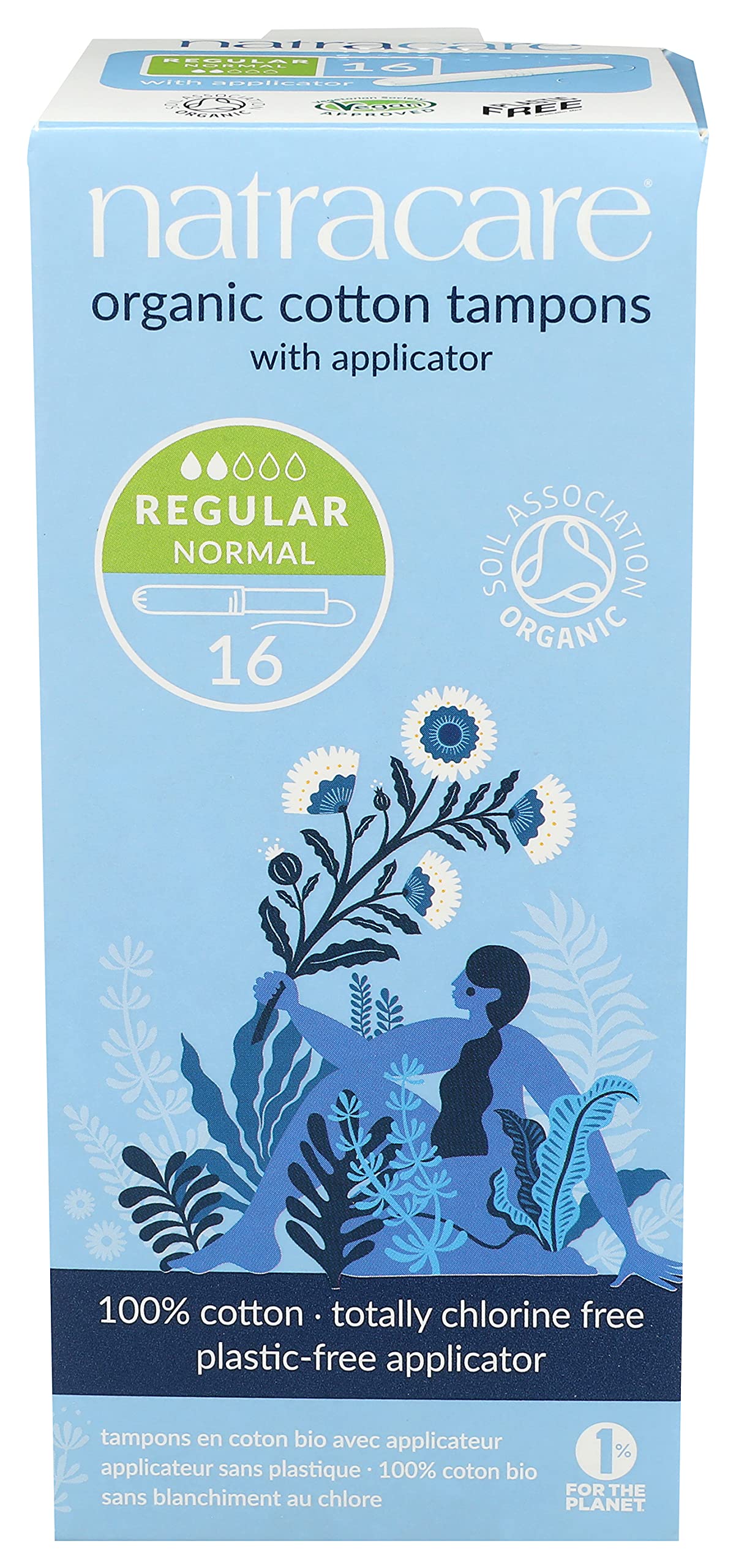 Natracare regular tampon pack front view with cardboard applicator, eco-friendly design.