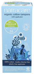 Natracare regular tampon pack front view with cardboard applicator, eco-friendly design.