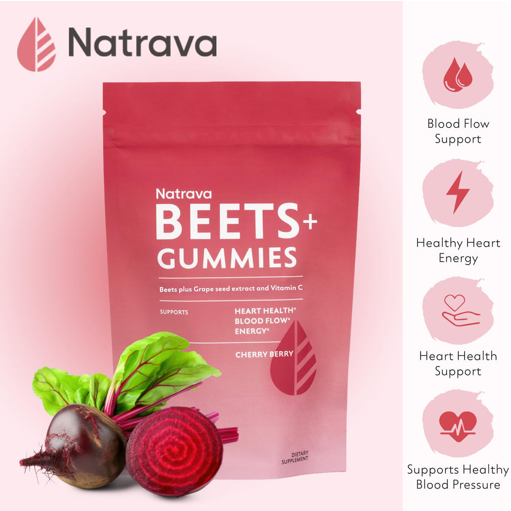 Natrava BEETS+ Gummies close-up shows chewy texture for easy daily use.