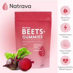 Natrava BEETS+ Gummies close-up shows chewy texture for easy daily use.