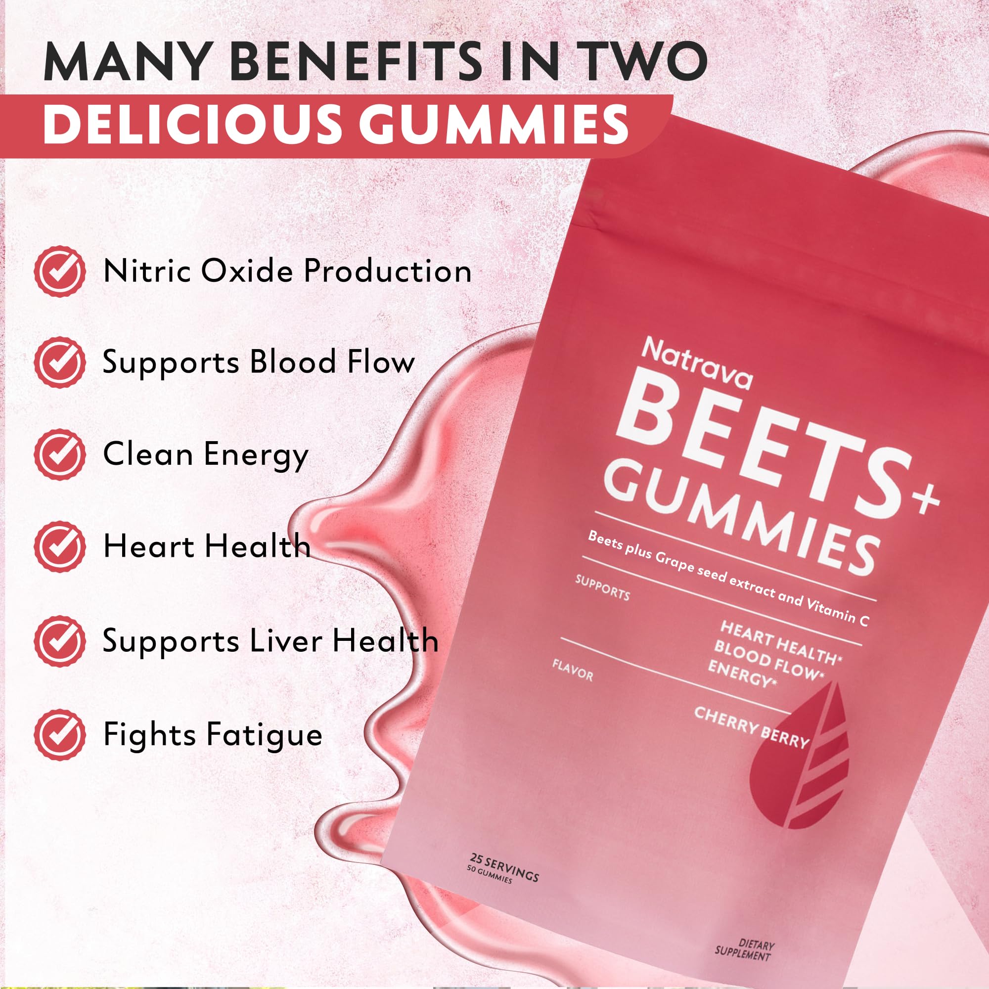Natrava BEETS+ Gummies ingredients beetroot powder boost healthy blood flow.