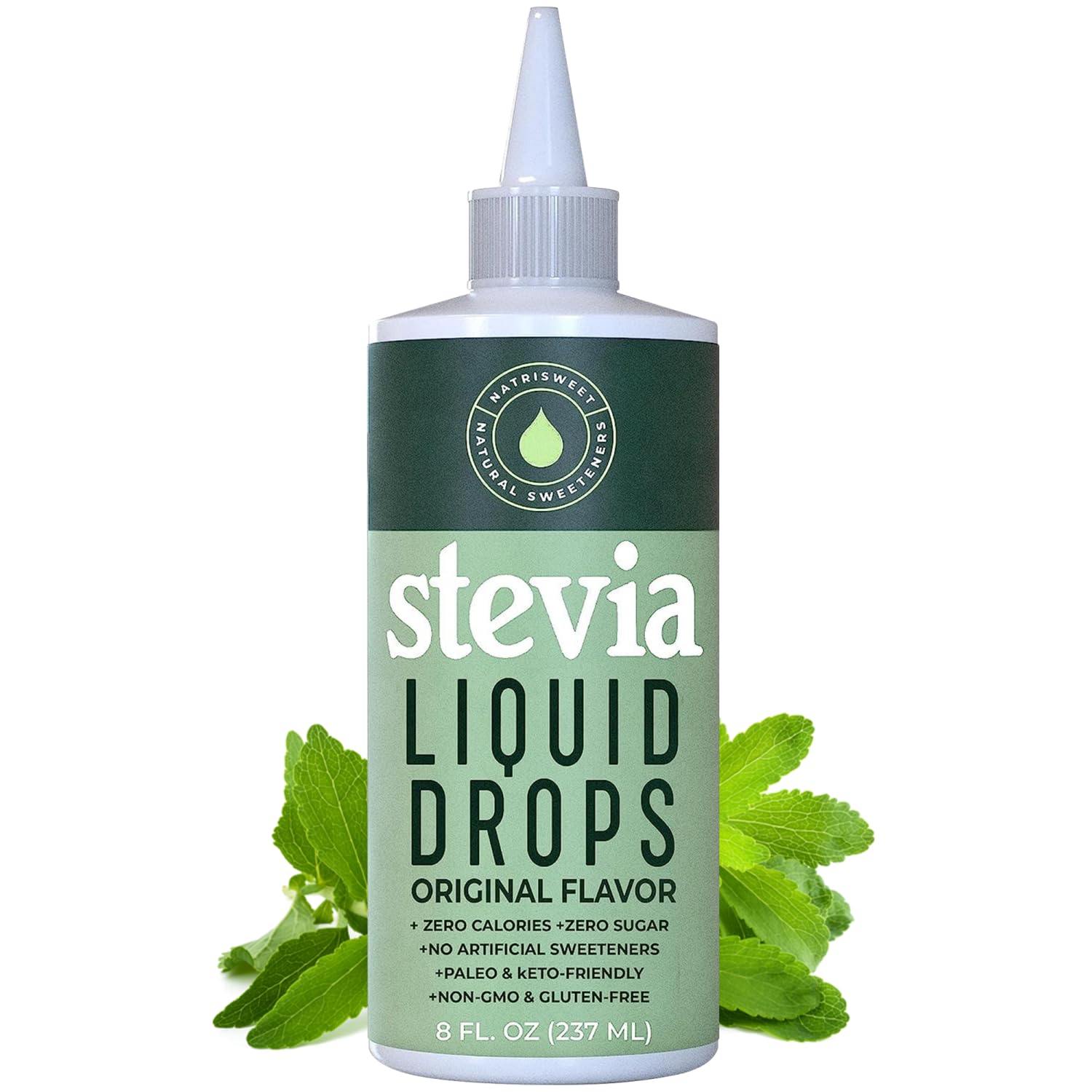 Natrisweet Stevia Liquid Drops bottle, calorie-free sweetness for beverages.