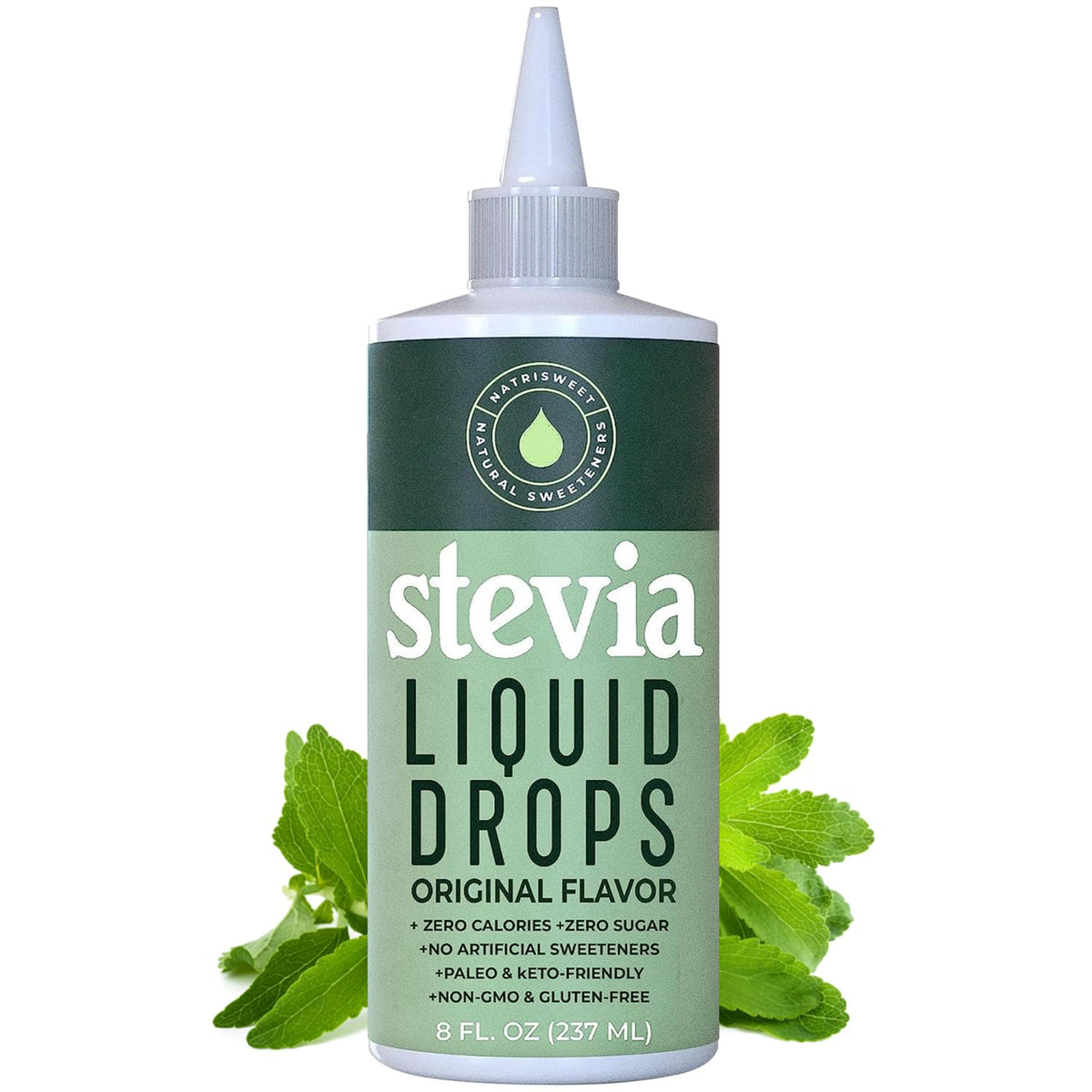 Natrisweet Stevia Liquid Drops bottle, calorie-free sweetness for beverages.